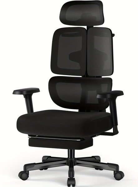Sedia da ufficio ergonomica con altezza regolabile, braccioli, supporto lombare e poggiapiedi, colore nero