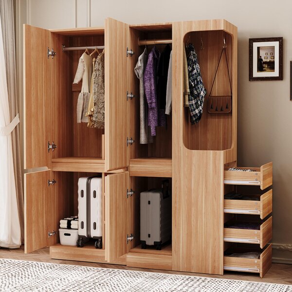 MODFU Armadio extra large Armadio da soggiorno con cassetti e vani portaoggetti, armadi con zona abiti aperta e lato destro, colore legno