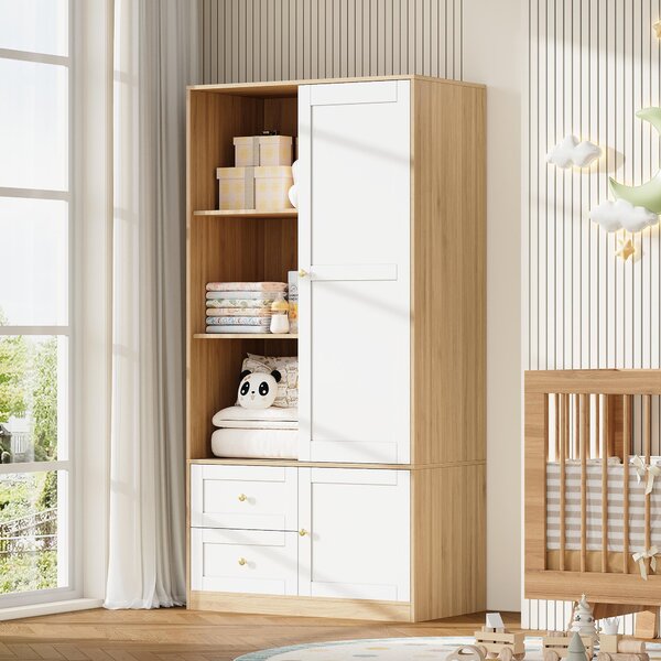 MODFU Armadio per bambini con ripiani Armadio multifunzionale per bambini con due cassetti e asta appendiabiti, bianco