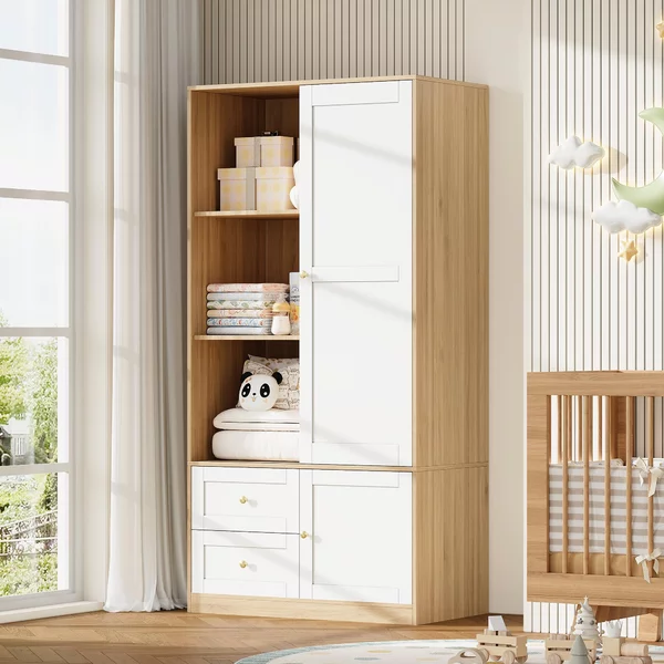 MODFU Armadio per bambini con ripiani Armadio multifunzionale per bambini con due cassetti e asta appendiabiti, bianco