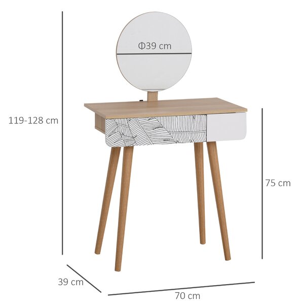 HOMCOM Tavolo da Trucco con specchio, ampio cassetto, gambe in legno, rovere e bianco, 70 x 39 x 120cm|Aosom