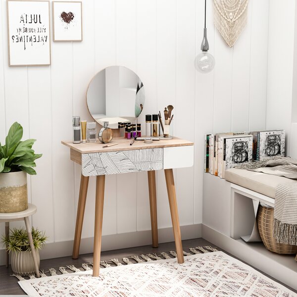 HOMCOM Tavolo da Trucco con specchio, ampio cassetto, gambe in legno, rovere e bianco, 70 x 39 x 120cm|Aosom