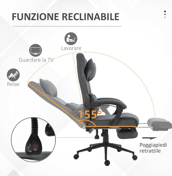 Vinsetto Sedia da Ufficio Ergonomica ad Altezza Regolabile, Poltrona con Braccioli e Poggiapiedi, 66x70x115-123cm, Grigia | Aosom Italy