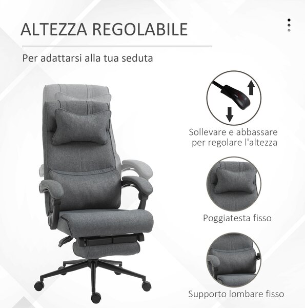 Vinsetto Sedia da Ufficio Ergonomica ad Altezza Regolabile, Poltrona con Braccioli e Poggiapiedi, 66x70x115-123cm, Grigia | Aosom Italy