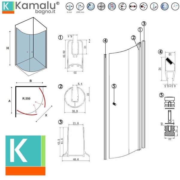 Kamalu box doccia semicircolare 90x90 battenti con apertura totale | ks800k