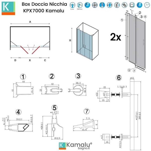 Kamalu porta doccia nera 130 cm doppio battente e ante fisse | kpx7000n