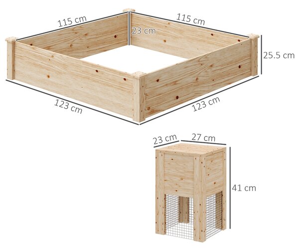 Fioriera Con Compostiera Da Esterno - Legno Di Abete, 123x123x25.5cm, Color Legno