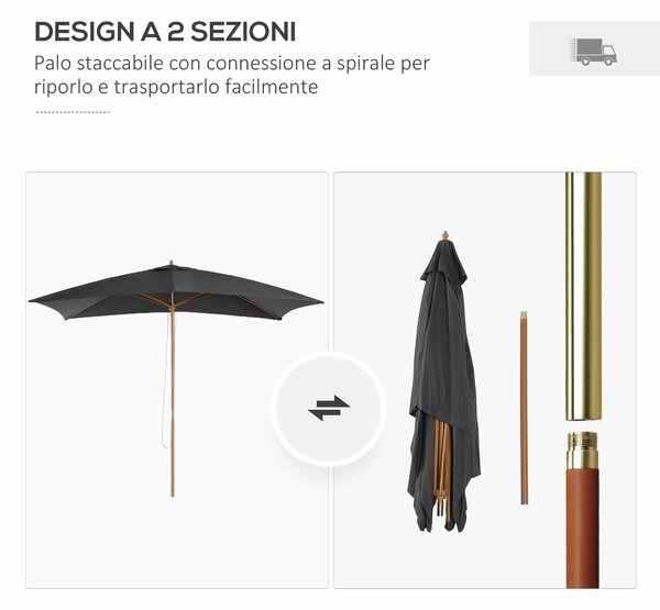 Outsunny Ombrellone da Giardino 2x3m in Legno e Bambù con 8 Stecche e Copertura in Poliestere, Grigio Scuro