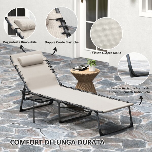 Outsunny Sdraio Pieghevole e Reclinabile a 5 Livelli con Tavolino Laterale e Tasca, 60x190x31 cm, Crema
