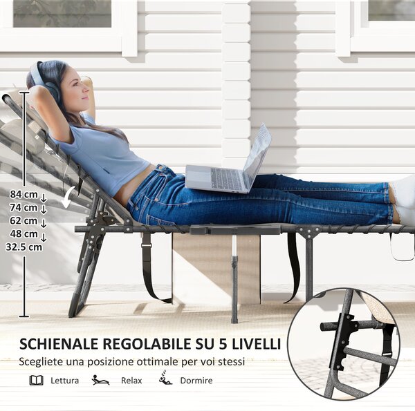 Outsunny Sdraio Pieghevole e Reclinabile a 5 Livelli con Tavolino Laterale e Tasca, 60x190x31 cm, Crema
