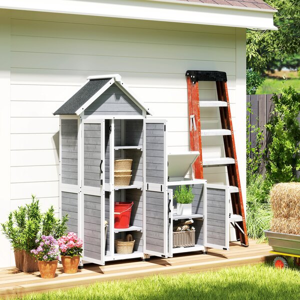 Outsunny Casetta da Giardino e Armadio Esterno con Tetto Apribile in Legno, Porte con Blocco, Grigio Chiaro
