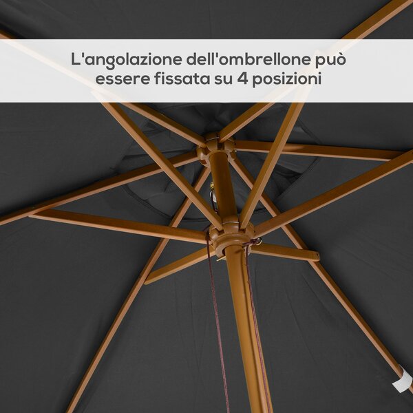Outsunny Ombrellone da Giardino 2x3m in Legno e Bambù con 8 Stecche e Copertura in Poliestere, Grigio Scuro