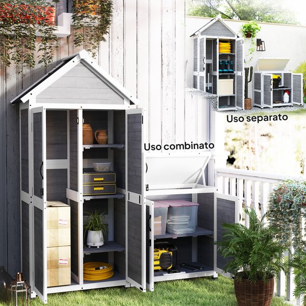 Outsunny Casetta da Giardino e Armadio Esterno con Tetto Apribile in Legno, Porte con Blocco, Grigio Chiaro