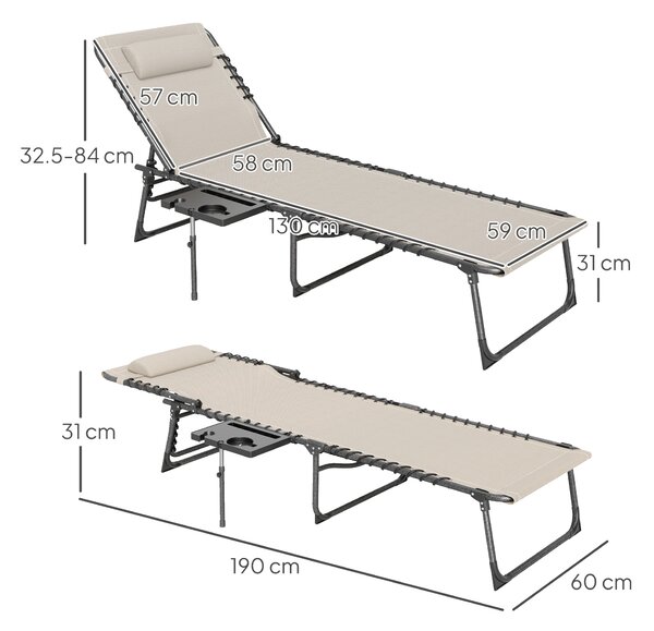 Outsunny Sdraio Pieghevole e Reclinabile a 5 Livelli con Tavolino Laterale e Tasca, 60x190x31 cm, Crema