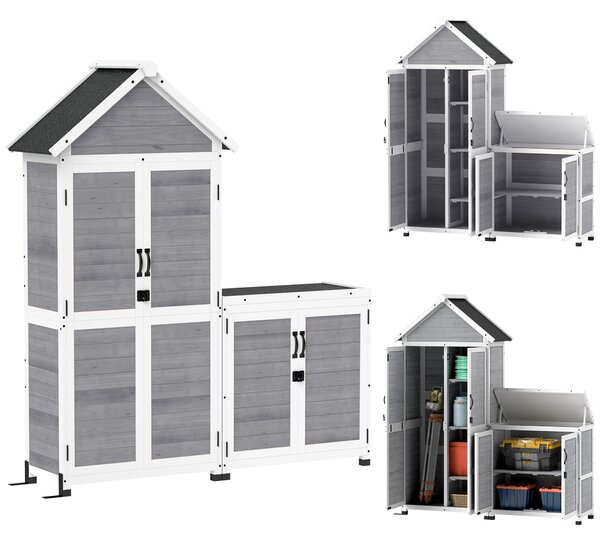 Outsunny Casetta da Giardino e Armadio Esterno con Tetto Apribile in Legno, Porte con Blocco, Grigio Chiaro