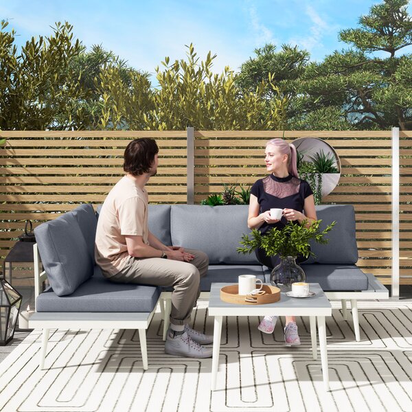 Outsunny Salotto da Giardino con 2 Divani con Cuscini, Schienale Regolabile a 5 Livelli e Tavolino a Doghe, Grigio
