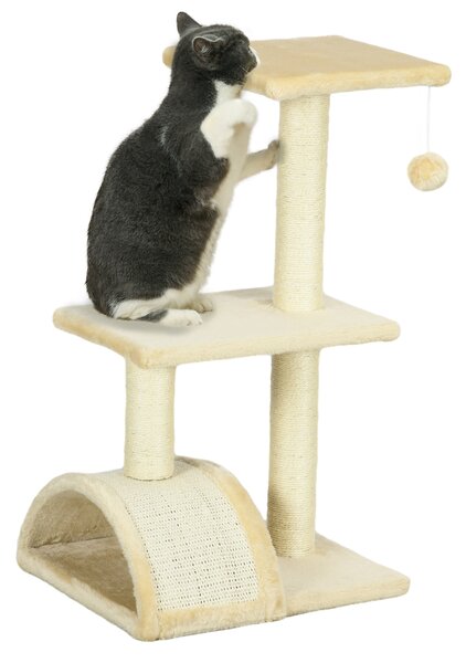 PawHut Albero per Gatti a 3 Livelli con Tiragraffi, Peluche e Sisal, 40x35x72 cm, Crema