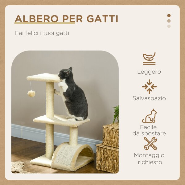 PawHut Albero per Gatti a 3 Livelli con Tiragraffi, Peluche e Sisal, 40x35x72 cm, Crema