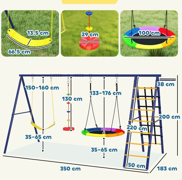 AIYAPLAY Gioco per Bambini 3-8 Anni con 3 Altalene, Scala a Corda e Canestro Basket, in Acciaio, PE e PP, 3.5x1.8x2 m