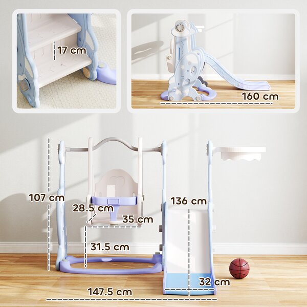 AIYAPLAY Gioco per Bambini 4 in 1 con Scivolo, Altalena, Arrampicata e Canestro, 147.5x160x107 cm, Azzurro Chiaro