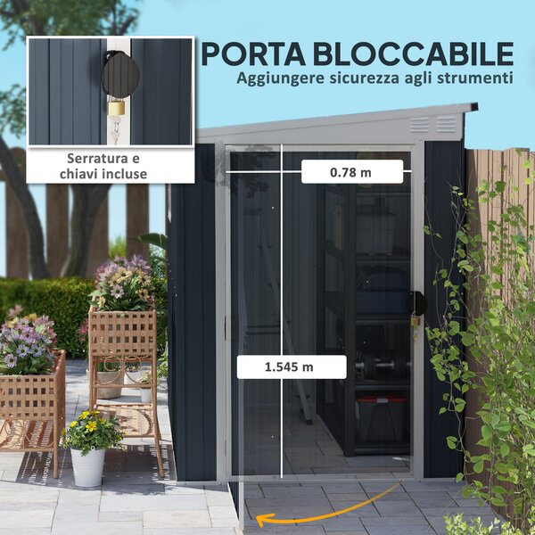 Outsunny Casetta da Giardino con Porta Bloccabile e Prese d'Aria, Capanno Porta Attrezzi in Acciaio, 1.2x1.9 m, Grigio Scuro | Aosom Italy
