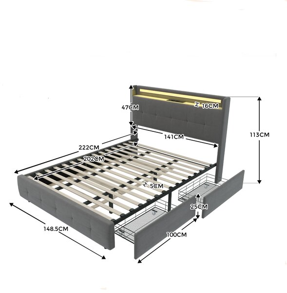 Letto matrimoniale con testiera USB, letto estraibile, letto imbottito con illuminazione LED e 2 cassetti, 160x200 cm, Senza materasso, Grigio
