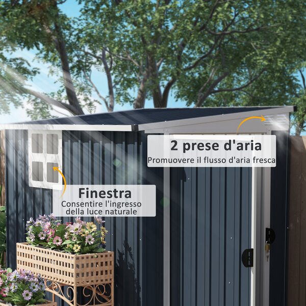 Outsunny Casetta da Giardino con Porta Bloccabile e Prese d'Aria, Capanno Porta Attrezzi in Acciaio, 1.2x1.9 m, Grigio Scuro | Aosom Italy