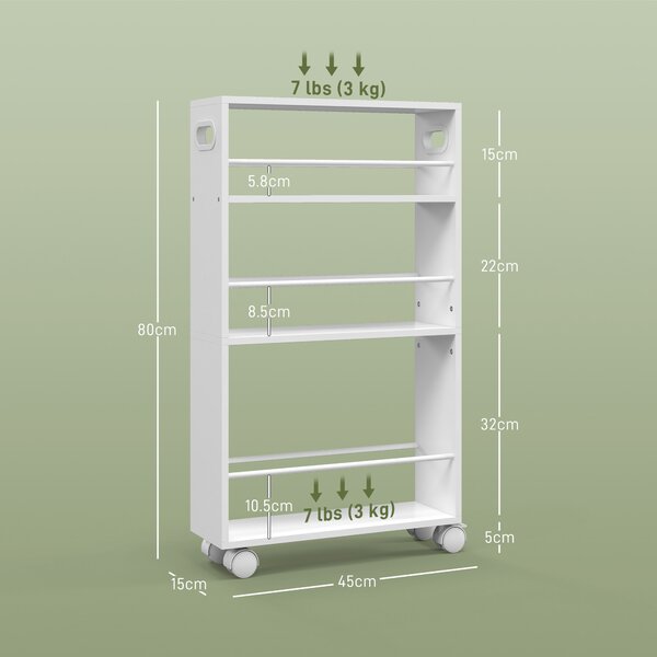HOMCOM Carrello per Cucina e Bagno Salvaspazio a 3 Livelli con Barre Laterali e Ruote con Freni, 45x15x80 cm, Bianco | Aosom Italy