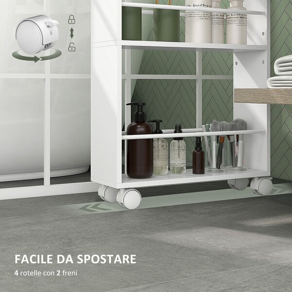 HOMCOM Carrello per Cucina e Bagno Salvaspazio a 3 Livelli con Barre Laterali e Ruote con Freni, 45x15x80 cm, Bianco | Aosom Italy