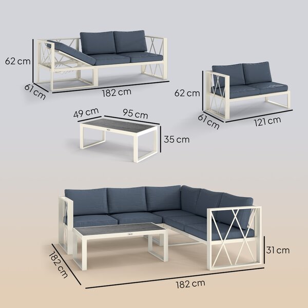 Outsunny Salotto da Giardino Angolare con Poltrona Reclinabile, 2 Divanetti con Cuscini e Tavolino, Grigio