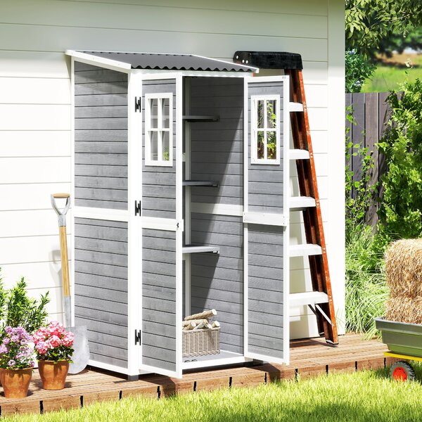 Outsunny Casetta da Giardino in Legno con Ripiani Regolabili, Due Porte con Blocco e Finestre, Grigio