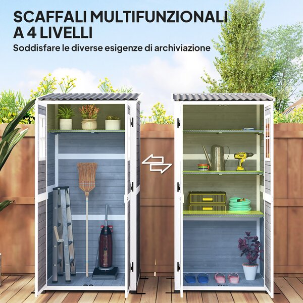 Outsunny Casetta da Giardino in Legno con Ripiani Regolabili, Due Porte con Blocco e Finestre, Grigio
