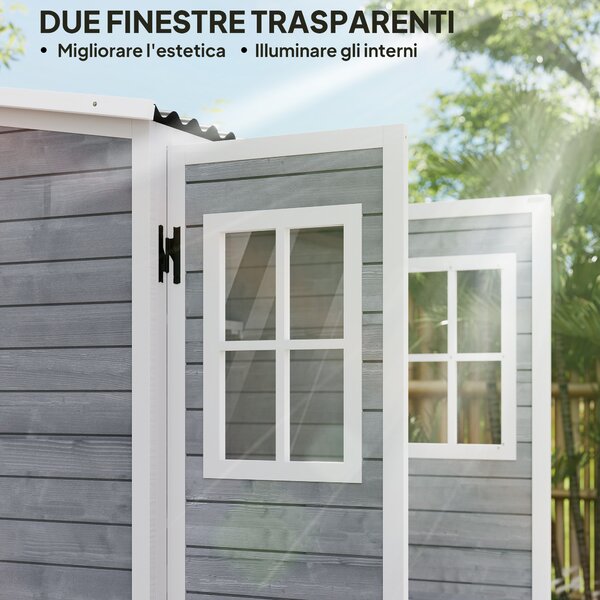 Outsunny Casetta da Giardino in Legno con Ripiani Regolabili, Due Porte con Blocco e Finestre, Grigio