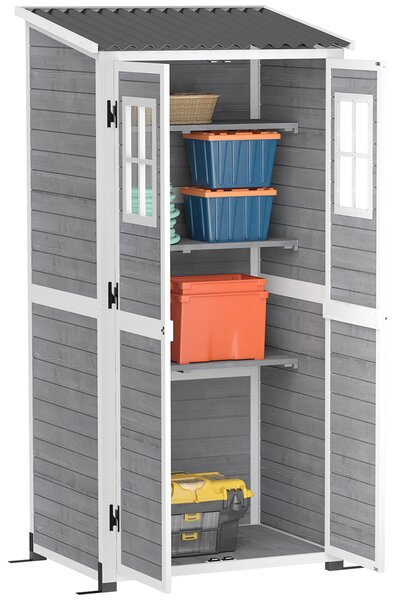 Outsunny Casetta da Giardino in Legno con Ripiani Regolabili, Due Porte con Blocco e Finestre, Grigio
