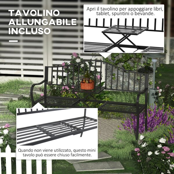 Outsunny Panchina da Giardino 2 Persone con Tavolino Estensibile Metallo 150 x 53 x 95 cm Nero|Aosom