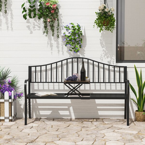 Outsunny Panchina da Giardino 2 Persone con Tavolino Estensibile Metallo 150 x 53 x 95 cm Nero|Aosom