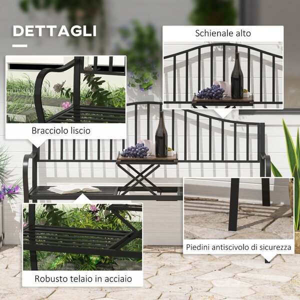 Outsunny Panchina da Giardino 2 Persone con Tavolino Estensibile Metallo 150 x 53 x 95 cm Nero|Aosom