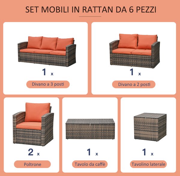 Outsunny Set da Giardino 6 Pezzi in Rattan con Divani, Poltrone e Tavoli Contenitore, Marrone
