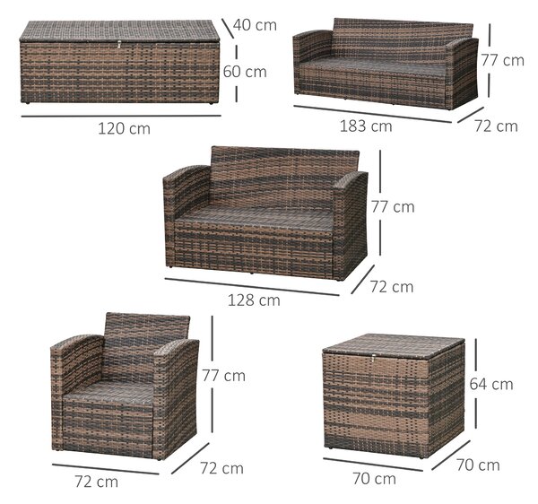 Outsunny Set da Giardino 6 Pezzi in Rattan con Divani, Poltrone e Tavoli Contenitore, Marrone