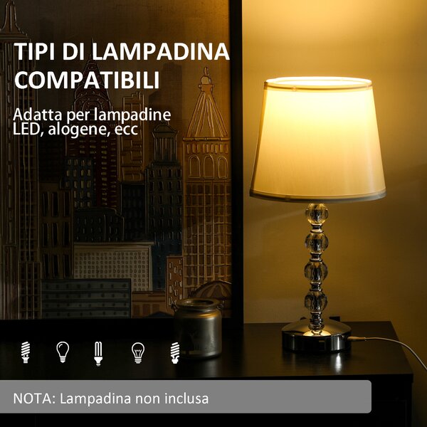 HOMCOM Lampada da Tavolo con Cristalli e Porta USB, in Metallo, Vetro e Poliestere, Ø23x45 cm, Bianco e Argento