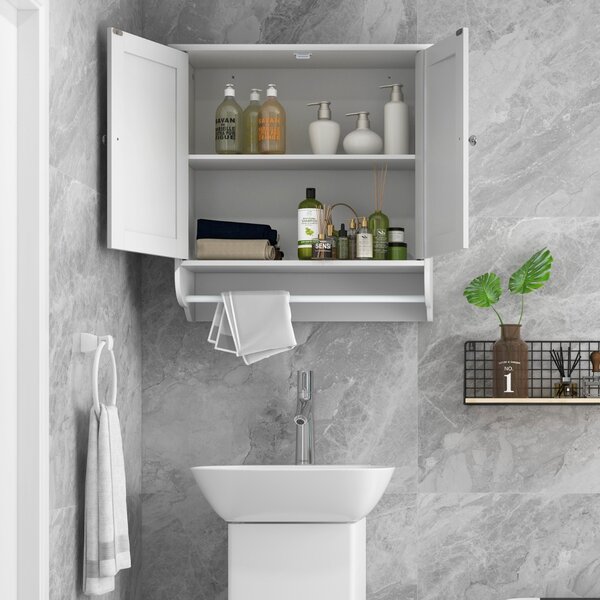 Costway Mobile pensile da bagno con 2 ante barra porta asciugamani ripiano regolabile, Pensile sospeso 60x21x61cm Bianco