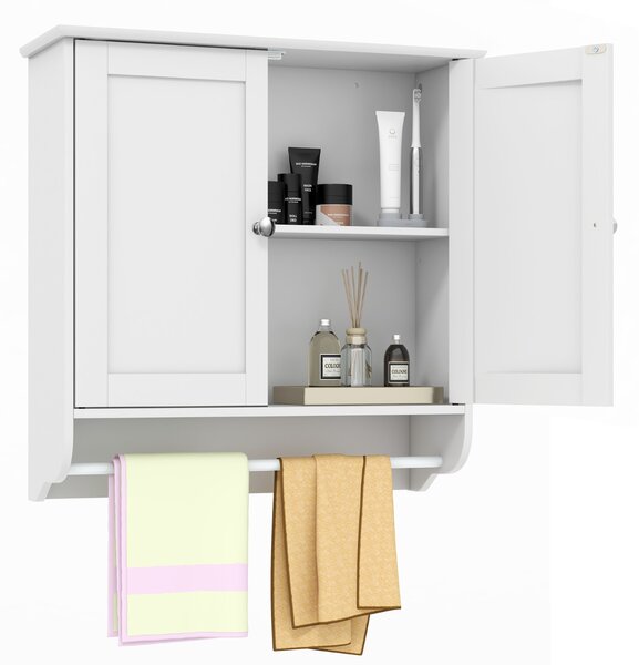 Costway Mobile pensile da bagno con 2 ante barra porta asciugamani ripiano regolabile, Pensile sospeso 60x21x61cm Bianco
