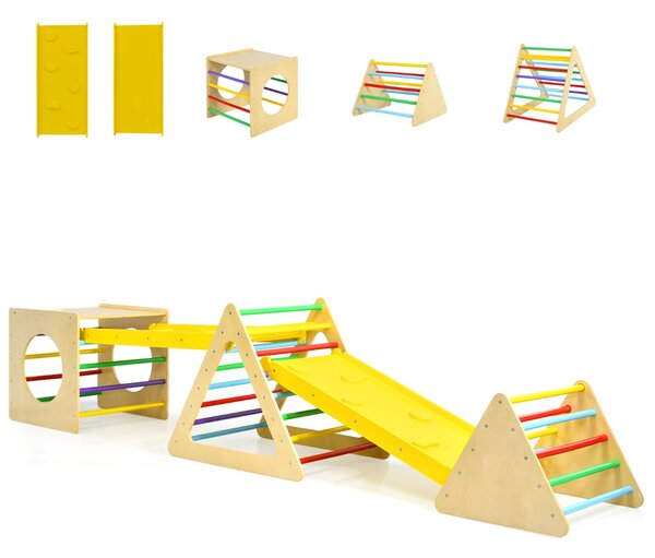 Costway Set attrezzature da gioco al coperto per bambini, Triangolo di arrampicata montessori e cubo con scivolo in legno