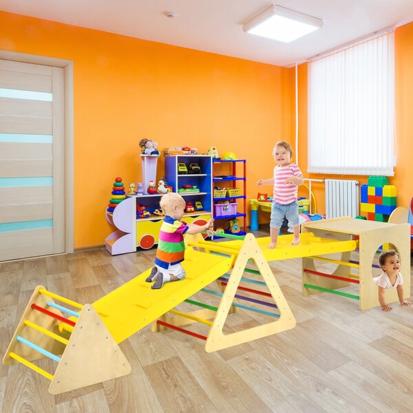 Costway Set attrezzature da gioco al coperto per bambini, Triangolo di arrampicata montessori e cubo con scivolo in legno