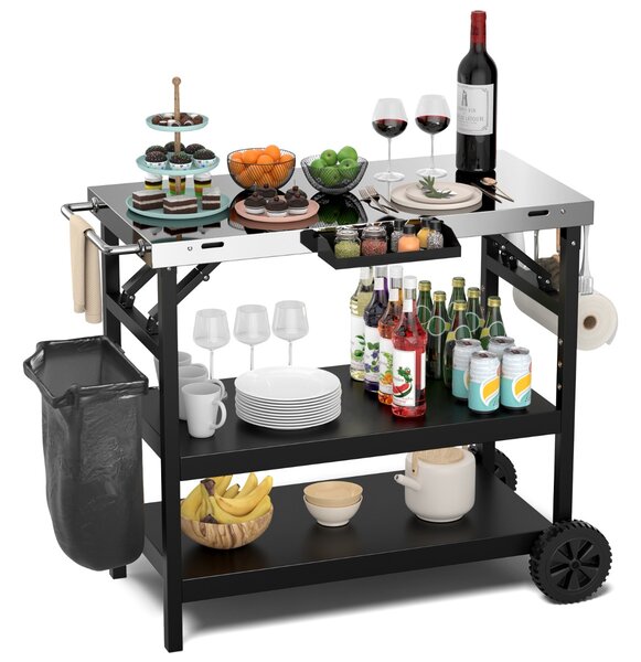 Costway Carrello barbecue con 3 ripiani supporto reggi cellulare portaspezie portasciugamani, Carrello BBQ in metallo Nero