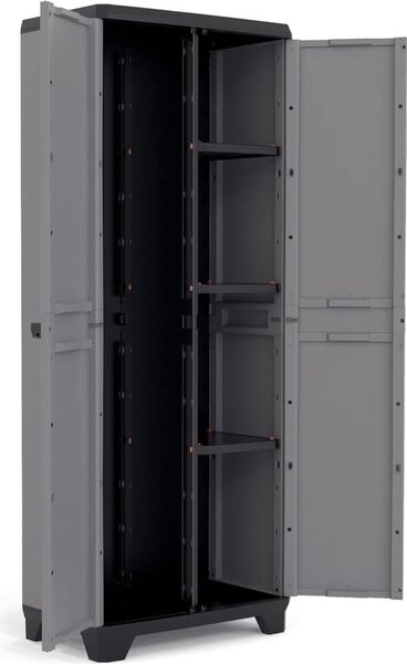 KETER Armadio da Esterno Portascope in Resina/Plastica Antipioggia 2 ante 3 ripiani Dimensioni 68x39x173 cm colore Grigio/Nero