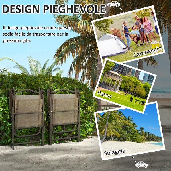 Outsunny Set 2 Sedie Pieghevoli da Giardino con Braccioli e Seduta in Tessuto Traspirante, Marrone|Aosom