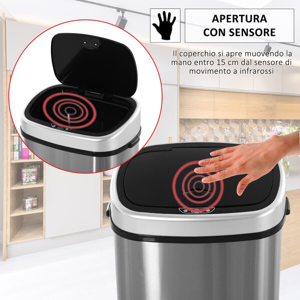 HOMCOM bidone infrarossi cestino infrarossi pattumiera infrarossi cestino homcom pattumiera homcom Argento, nero 40.9 × 28.9 × 75cm|Aosom