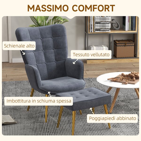 HOMCOM Poltrona moderna con pouf in velluto e gambe dorate, Grigio | Aosom Italy