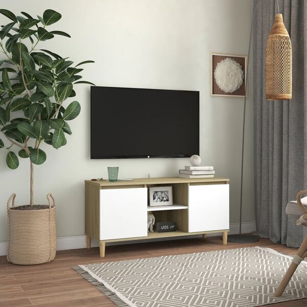 Mobile TV con Gambe in Legno Bianco e Sonoma 103,5x30x50 cm
